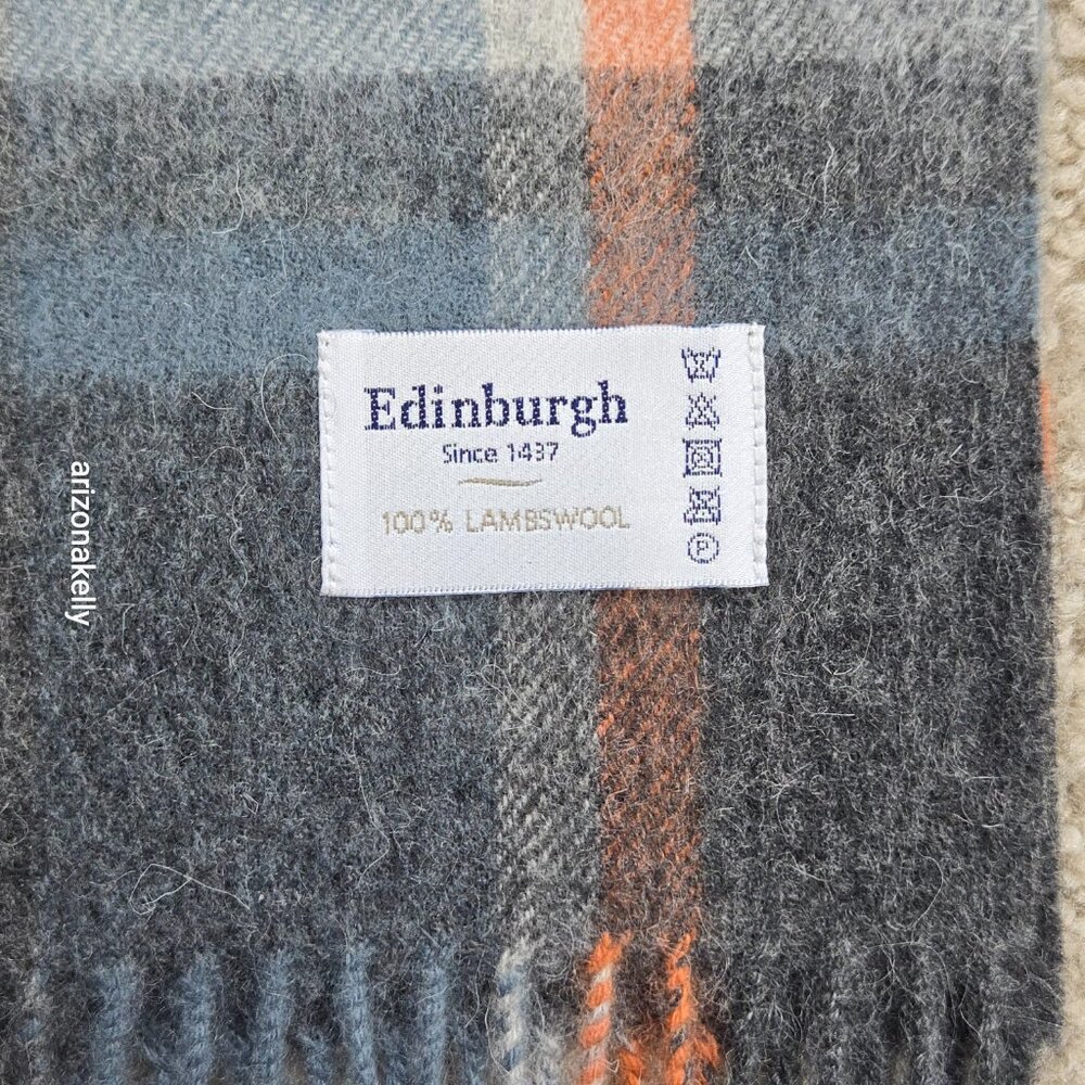 NWOT Edinburgh Lambswool Scarf Plaid Blue, Grey, and Orange Wool - Picture 3 of 8